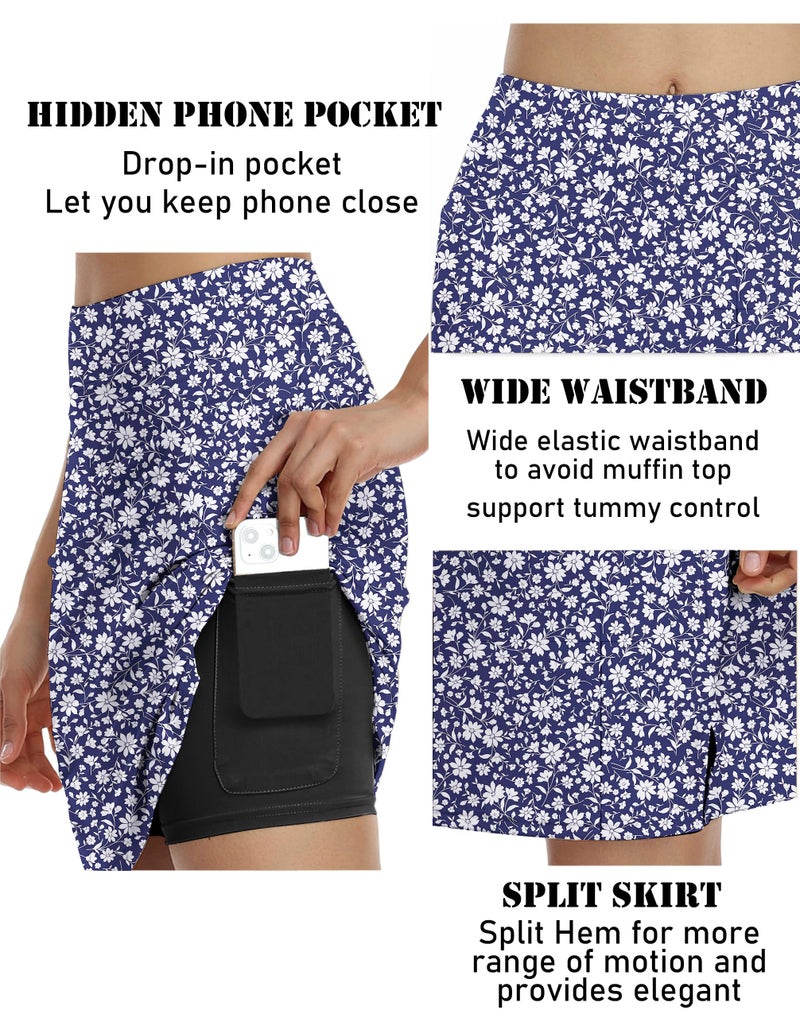 COOrun 20" Knee Length Skorts Skirts Modest Golf Skirt High Wasited Athletic Tennis Skort with Pockets Printed Summer Skirts,Navy White Floral L - Image 4