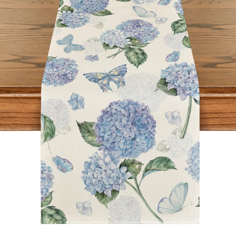 Artoid Mode Hydrangea Butterfly Summer Table Runner Seasonal Spring Holiday Kitchen Dining Table Decoration for Home Party Indoor 13x48 Inch
