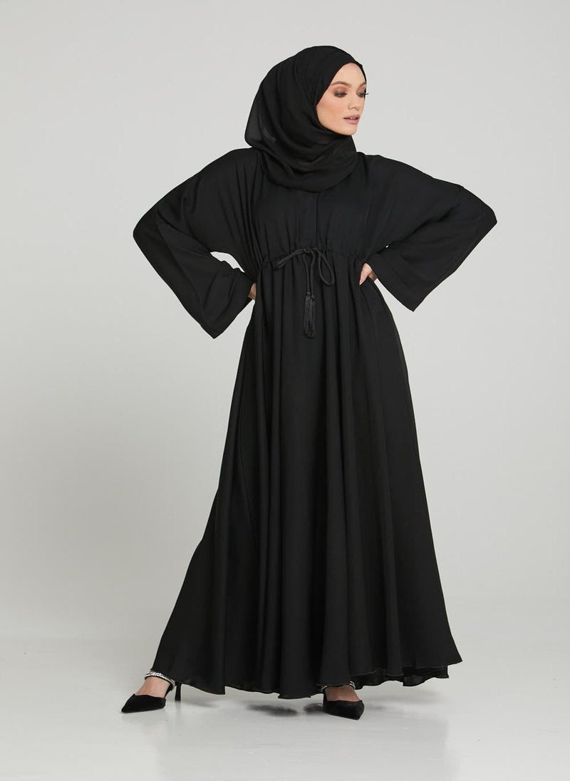 NUKHBAA - Elegant Black plain abaya wityh belt and Hijab-AB90 - Image 1