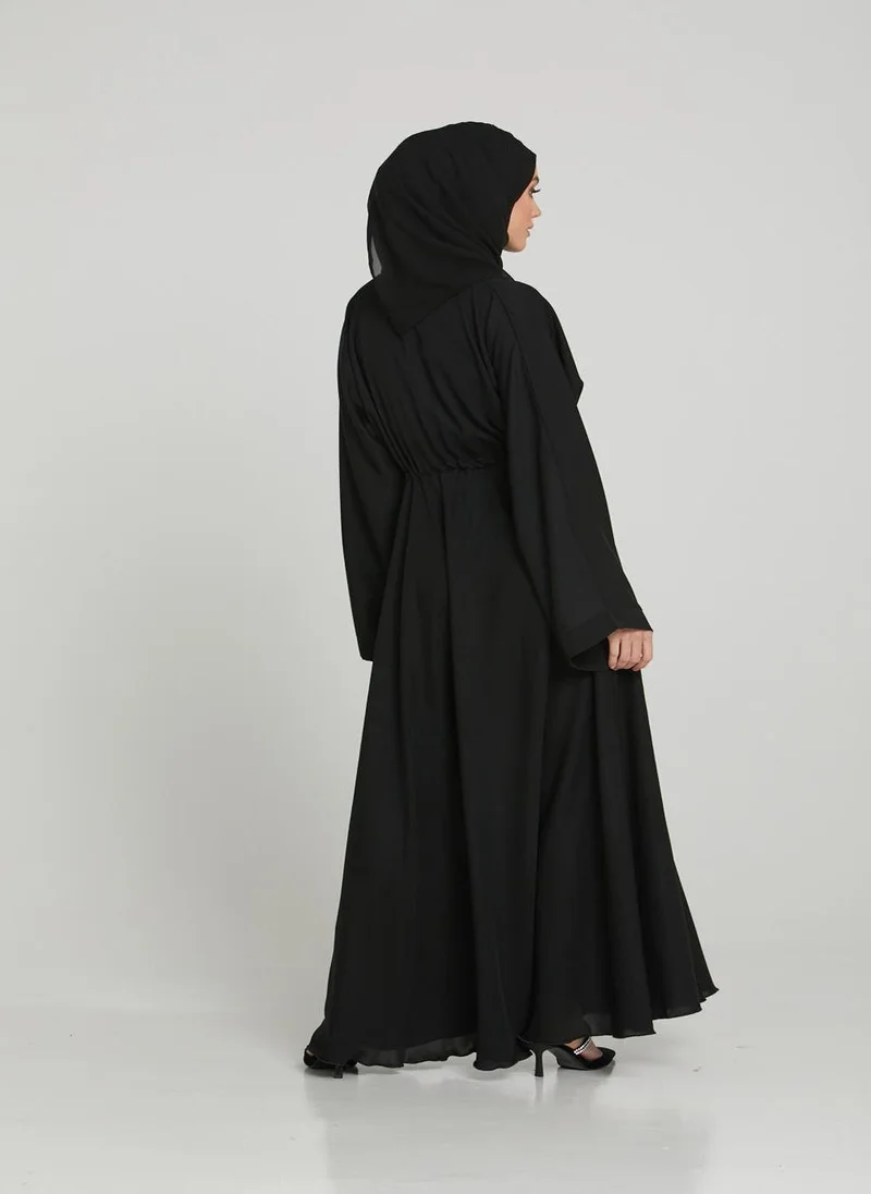 NUKHBAA Elegant Black plain abaya wityh belt and Hijab-AB90