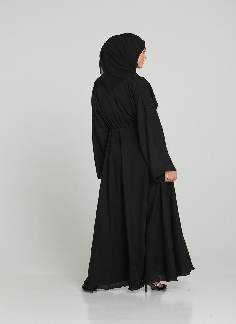 NUKHBAA - Elegant Black plain abaya wityh belt and Hijab-AB90 - Image 1
