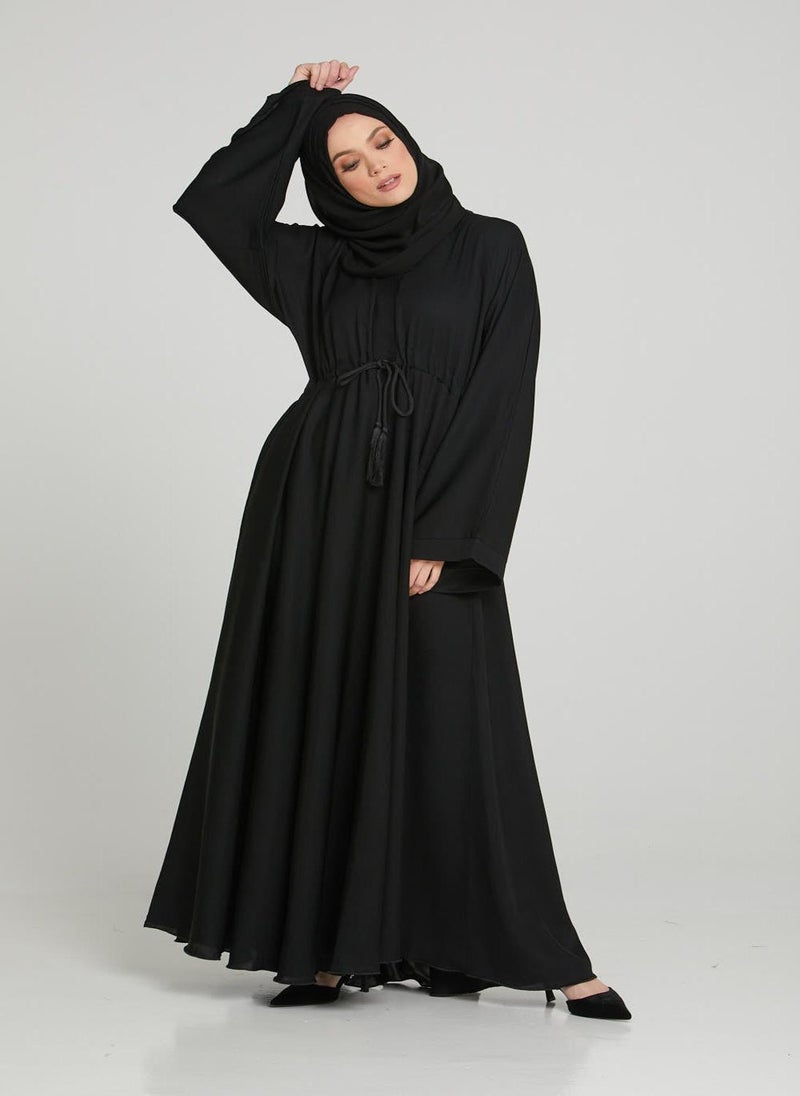 NUKHBAA - Elegant Black plain abaya wityh belt and Hijab-AB90 - Image 1