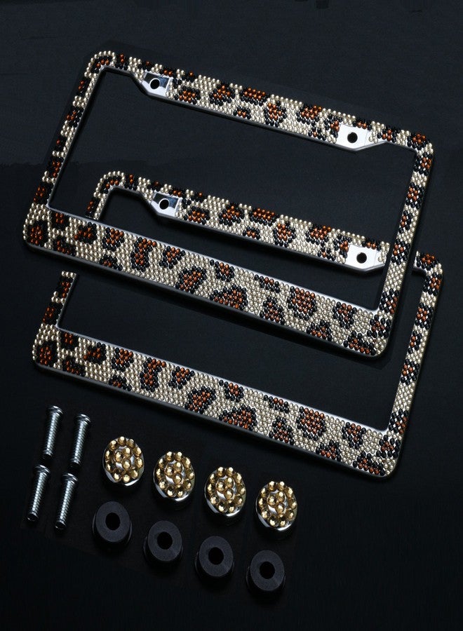 VOBRAMY 2PCS Auto Leopard License Plate Frame,Firwood Handcraft Bling Rhinestone Diamond,Aluminum Chrome Body Including 4xCrystal Cap+4xScrew Fasteners - Image 1