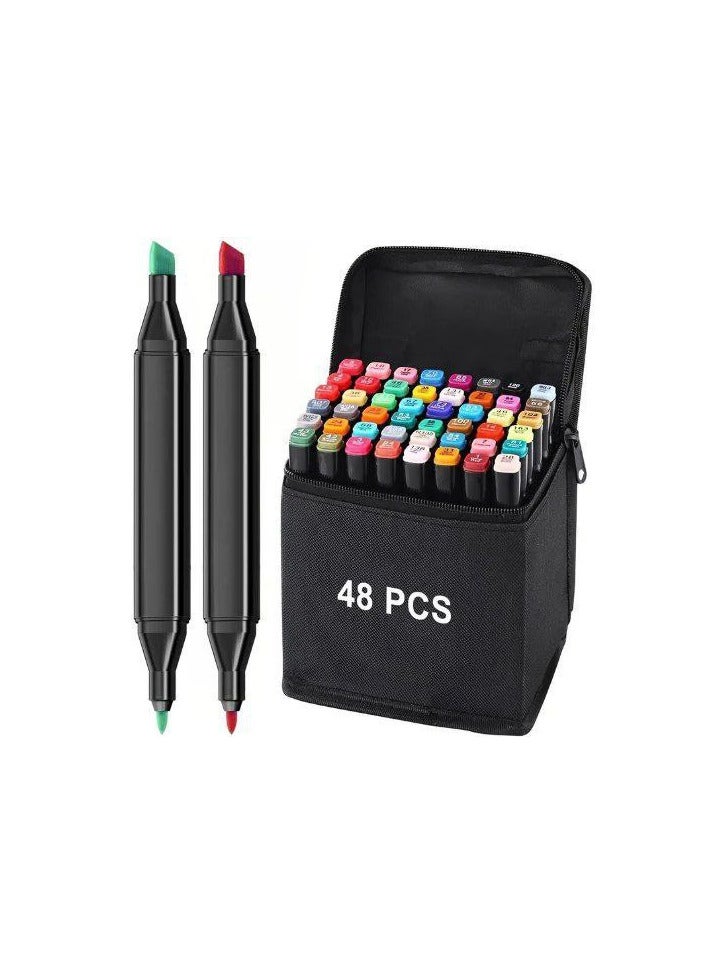 أقلام تحديد للأعمال الفنية مزدوجة الأطراف بعدد 48 لون من اركري سيلز، مع شنطة حمل للرسم والتخطيط وفن الخط والتلوين بدون رائحة وغير سامة، أقلام تلوين دائمة للأطفال والكبار والمبتدئين متعددة الألوان