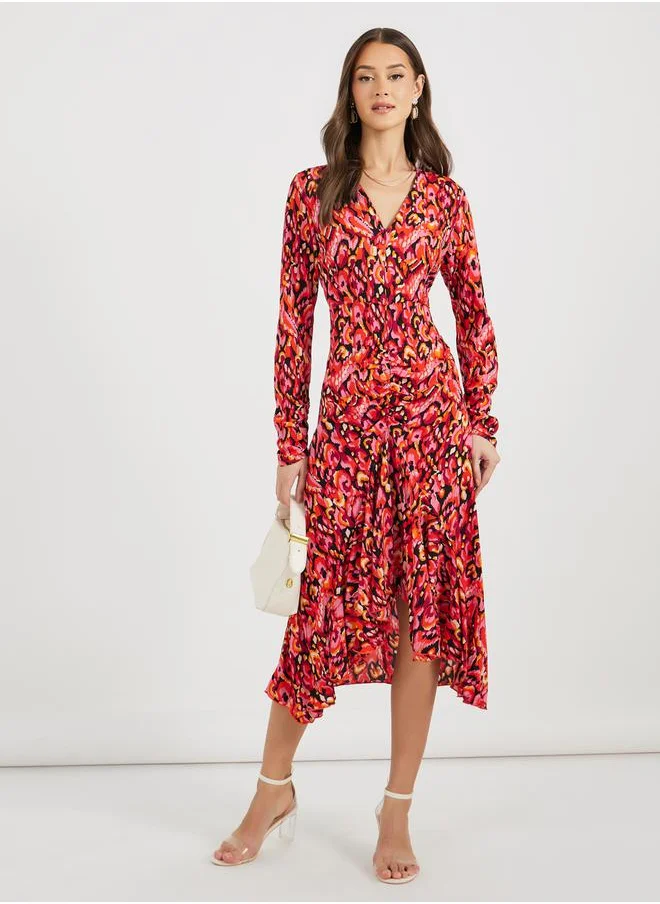Styli Asymmetric Ruffle Hem Shirt Midi Dress