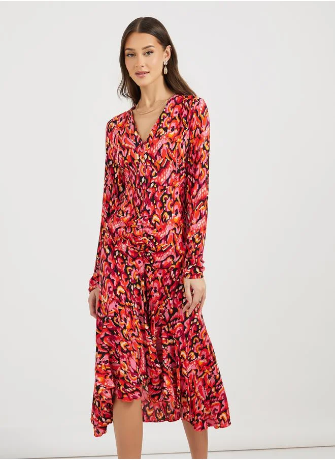 Styli Asymmetric Ruffle Hem Shirt Midi Dress