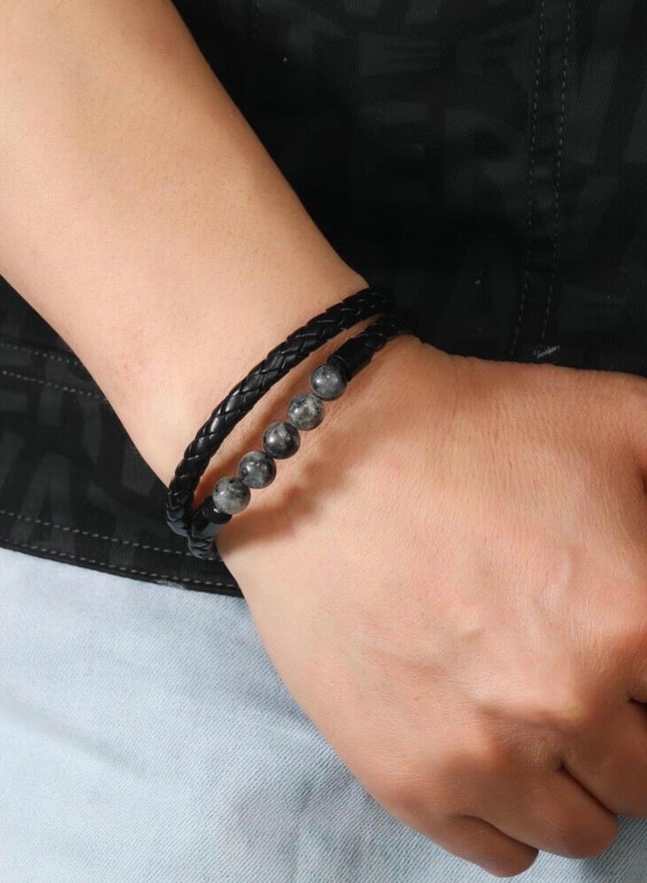 JewelryLand Men’s Bracelet Made Of PU Leather And Natural Stones - Image 1