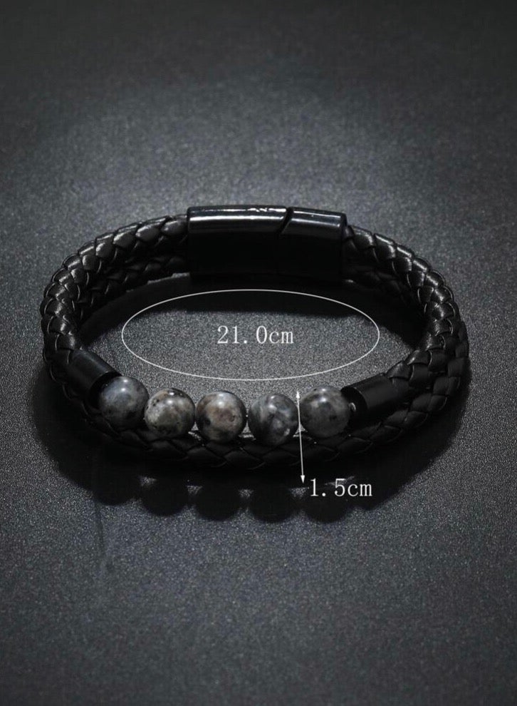 JewelryLand Men’s Bracelet Made Of PU Leather And Natural Stones - Image 3