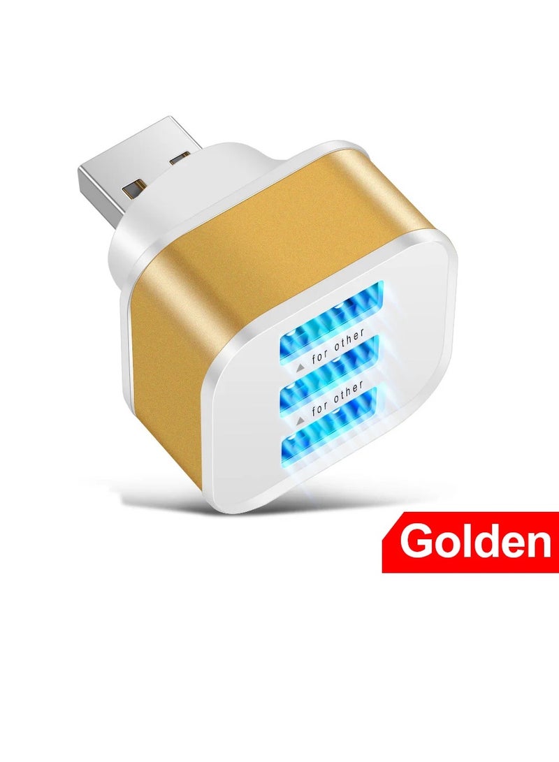 AROAQ 3 Port USB Extender, USB 2.0 Quick Charging USB Hub, Lightweight And Portable USB Splitter Adapter Convertor, Safe And Efficient Multiple Interface Car USB Expander, (Gold) - Image 1
