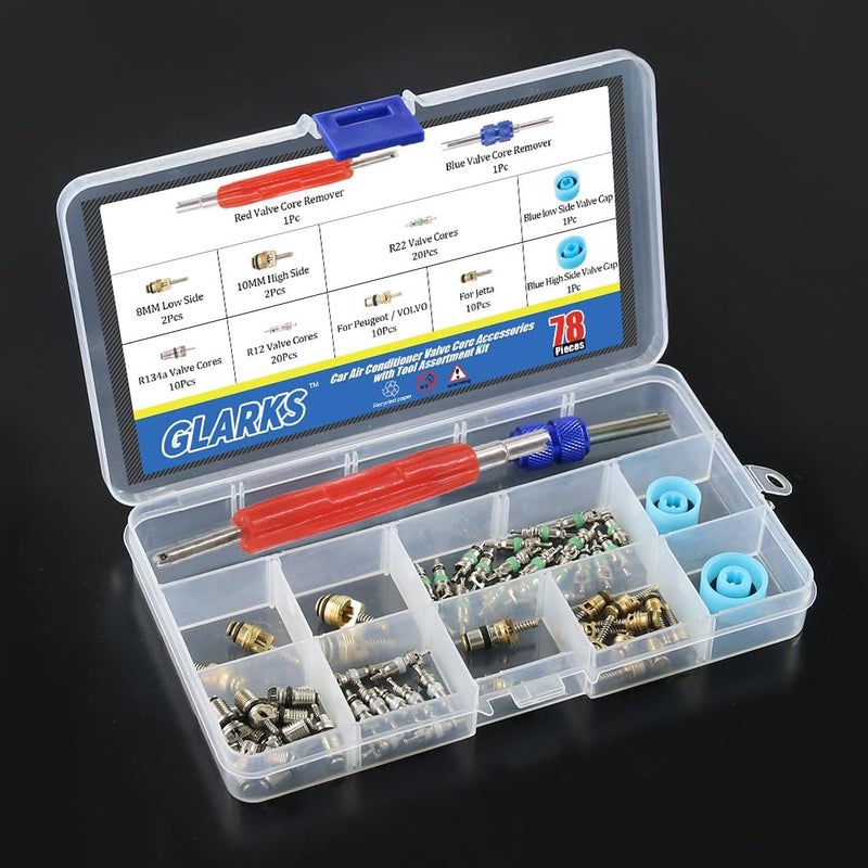 Glarks 78Pcs Car Air Conditioner Valve Core Schrader Valve Cores Accessories A/C R12 R134a Refrigeration Tire Valve Stem with Double Head Remover Installer Tool Assortment Kit - Image 5
