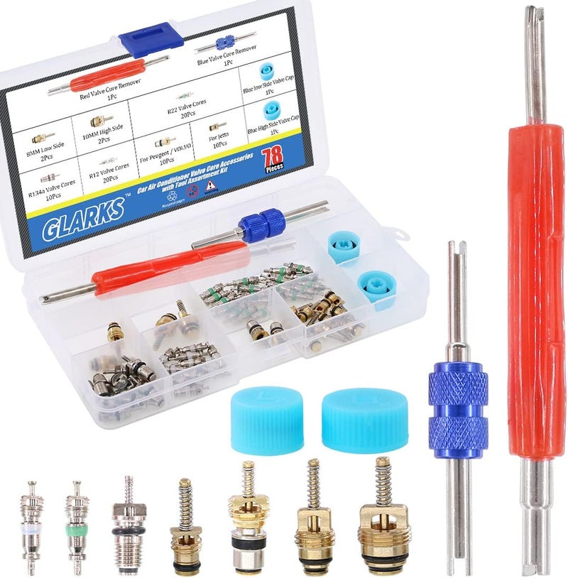 Glarks 78Pcs Car Air Conditioner Valve Core Schrader Valve Cores Accessories A/C R12 R134a Refrigeration Tire Valve Stem with Double Head Remover Installer Tool Assortment Kit - Image 1