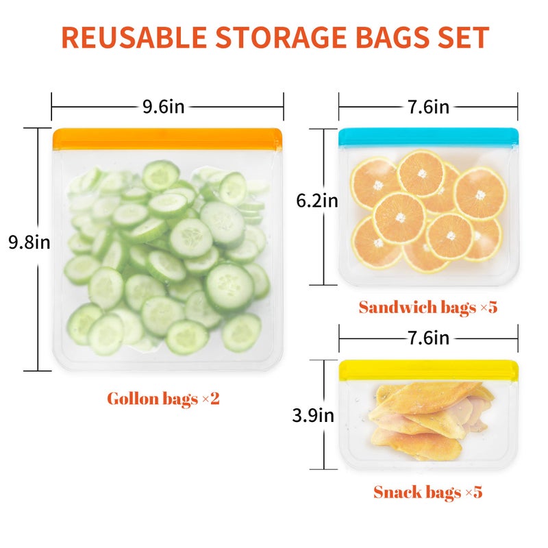 Enloy 12 Pack Arusable Food Torage Fags BPA Free Peva Freezer Freezer Bag 2 Gallon و 5 Sandwich & 5 Bass Size Size Bags Flegrofling Freezer for Liquid Lunck Sandwich Fruit Fruit - Image 2