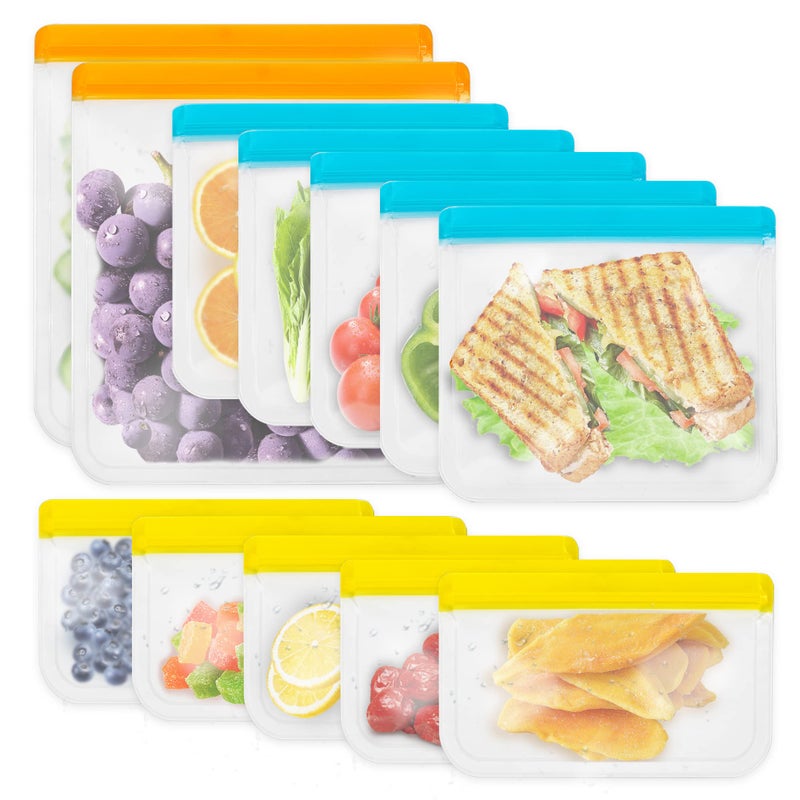 Enloy 12 Pack Arusable Food Torage Fags BPA Free Peva Freezer Freezer Bag 2 Gallon و 5 Sandwich & 5 Bass Size Size Bags Flegrofling Freezer for Liquid Lunck Sandwich Fruit Fruit - Image 1