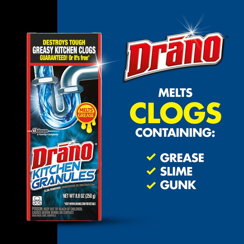 Drano Kitchen Granules Drain Clog Remover and Cleaner, Unclogs blockage from Grease or Cooking Oil, 8.8 oz - Image 3