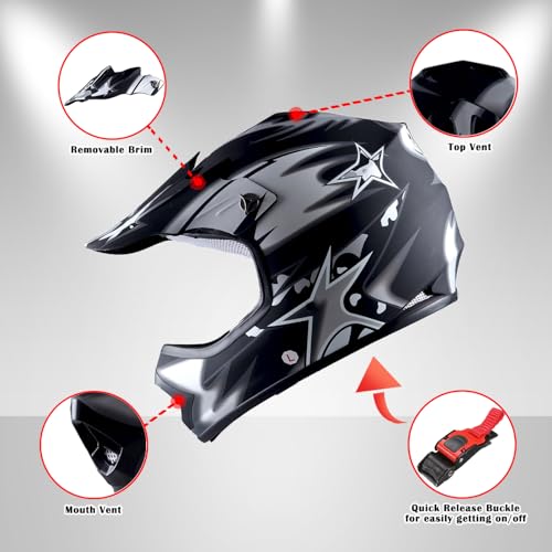 WOW Youth Kids Motocross BMX MX ATV Dirt Bike Helmet Star Matt Black - Image 3