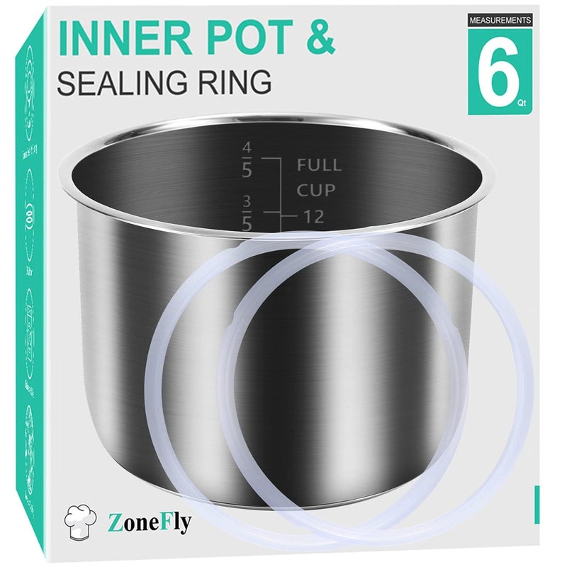 ZoneFly Stainless Steel Inner Pot Compatible with Instant Pot 6 Qt Original 6 Quart InstaPot Replacement with Polished Surface NonStick and 2 Sealing Rings