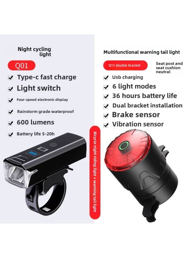 Generic Bicycle Light Night Riding Headlight Rainproof USB Charging Mountain Road Children's Bicycle Light Riding Light-color:Mq01 600 Lumens Headlight + Q11s Brake Sensor Tail Light (double.. - Image 1