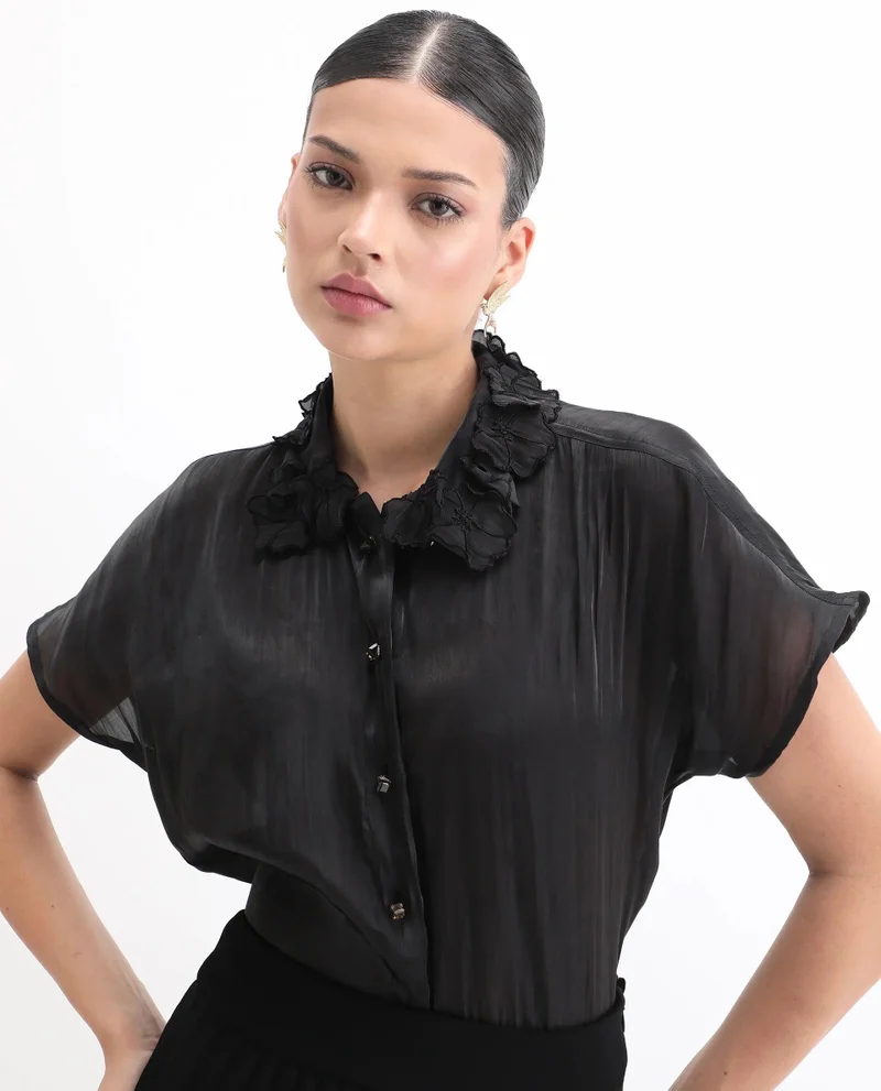 Rareism Women's Glass Organza Top With Embellished Collar