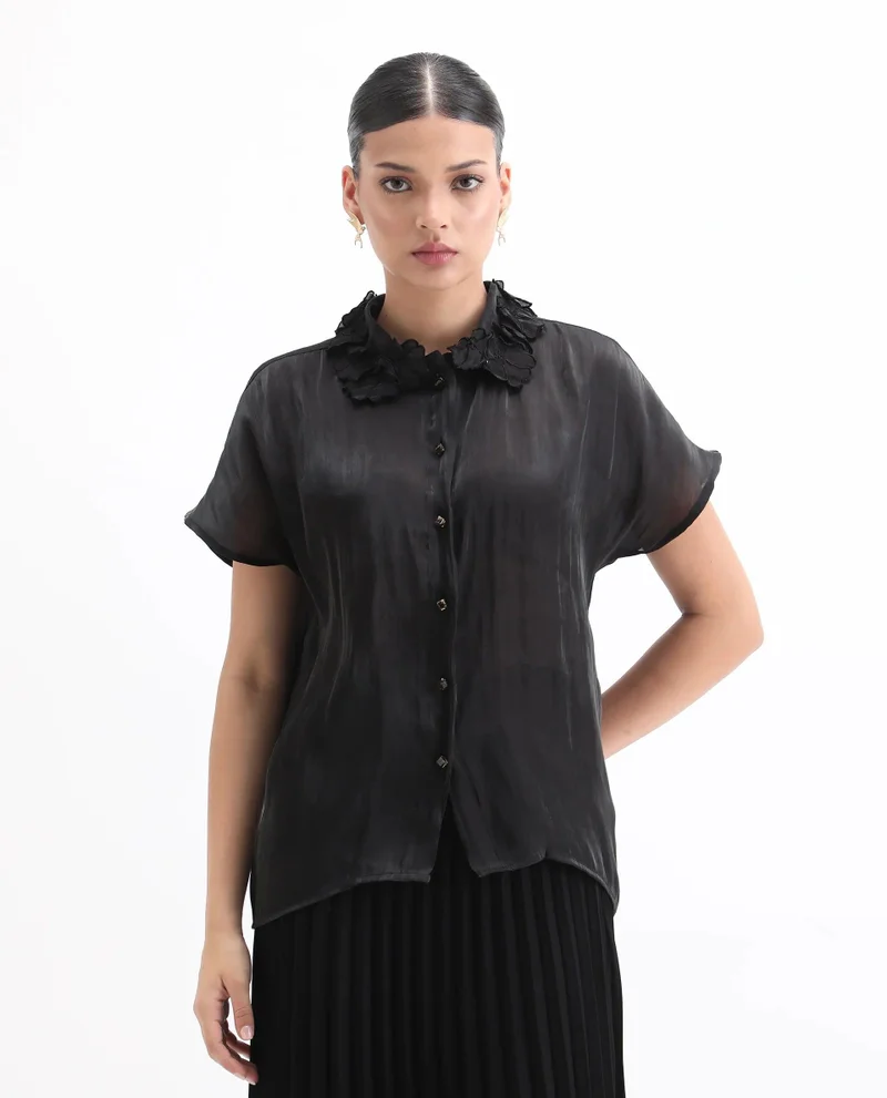 Rareism Women's Glass Organza Top With Embellished Collar