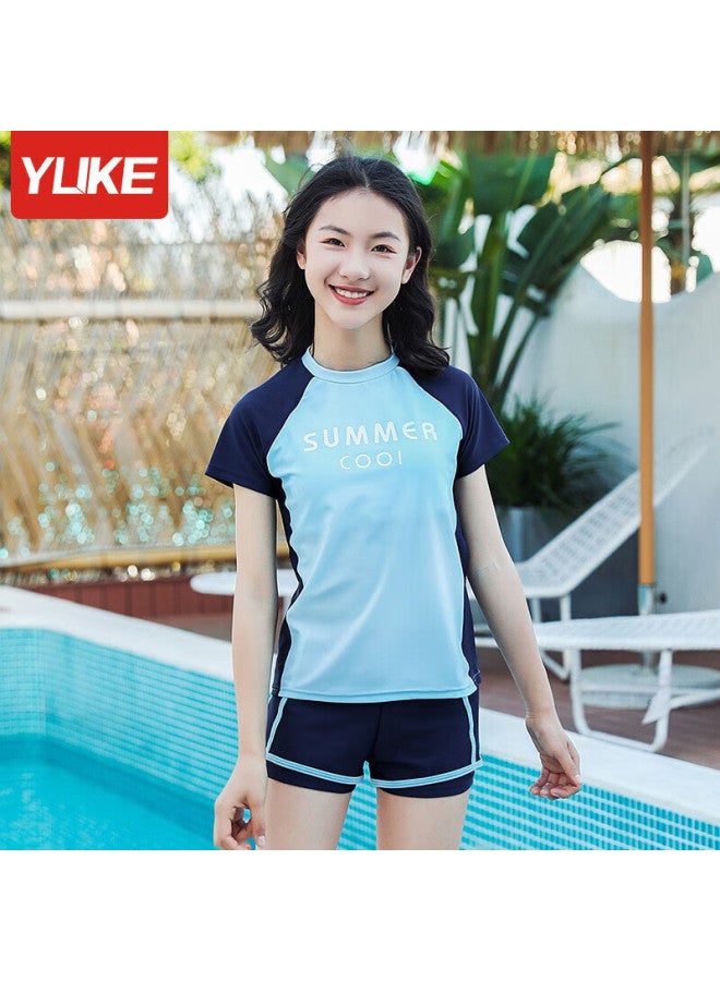 Yuke Conservative Two-piece Swimsuit For Women, Three-piece Set With Swim Cap, Cooling Towel, And Water Gun, Blue, 2XL - Image 5