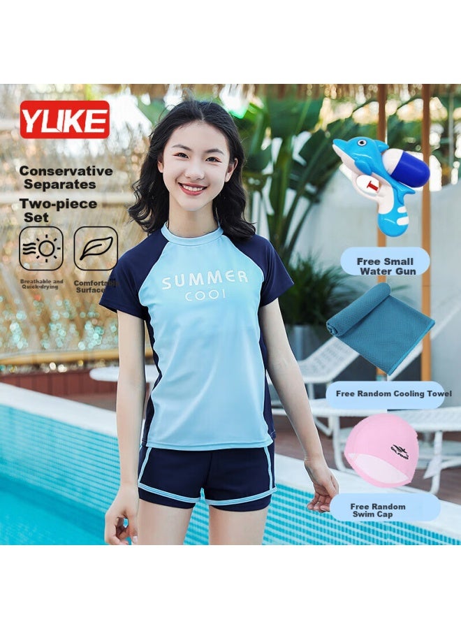 Yuke Conservative Two-piece Swimsuit For Women, Three-piece Set With Swim Cap, Cooling Towel, And Water Gun, Blue, 2XL - Image 1
