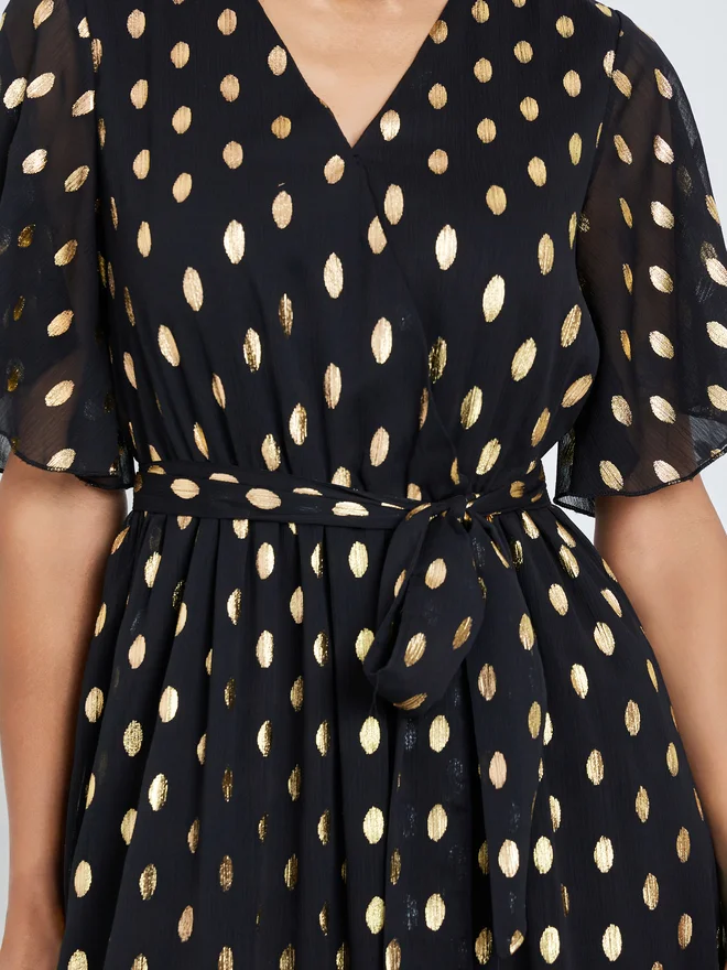 Styli black with gold polka dots Black Foil Dot Print Layered Maxi Dress for Women | Best Price UAE