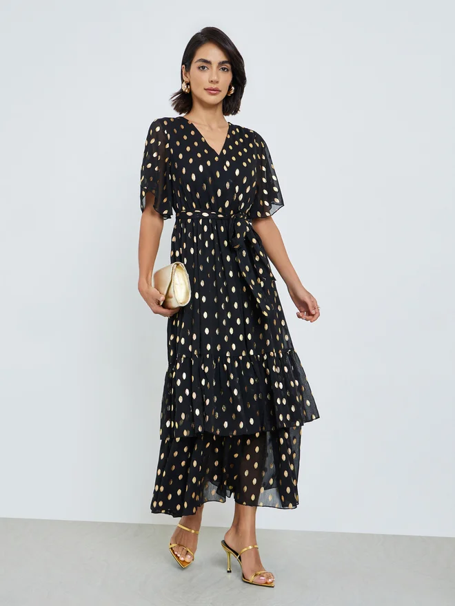 Styli black with gold polka dots Black Foil Dot Print Layered Maxi Dress for Women | Best Price UAE