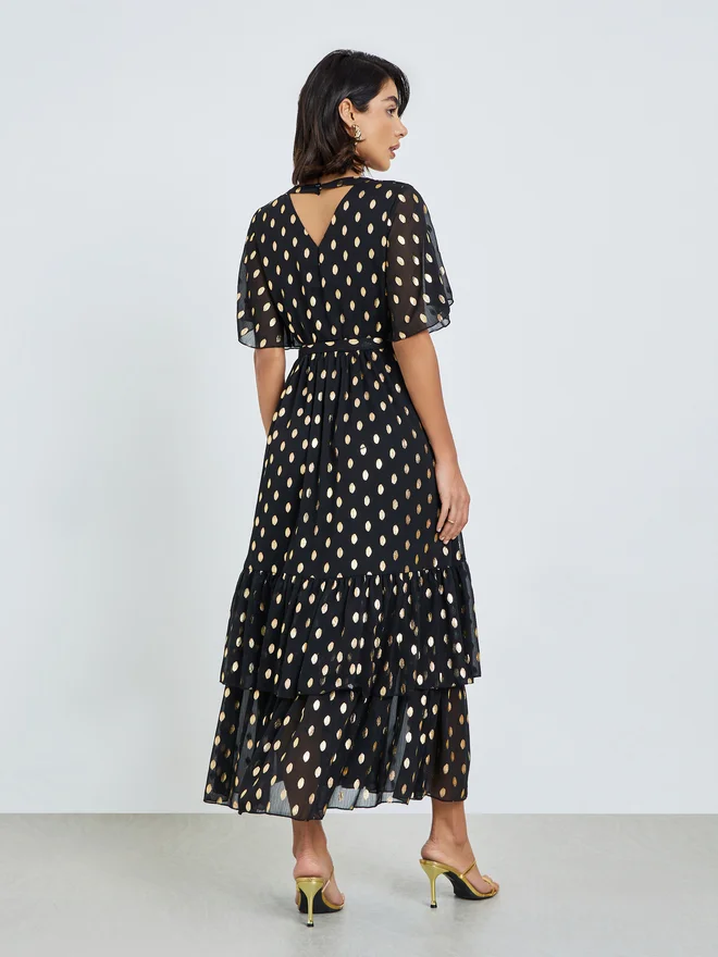 Styli black with gold polka dots Black Foil Dot Print Layered Maxi Dress for Women | Best Price UAE