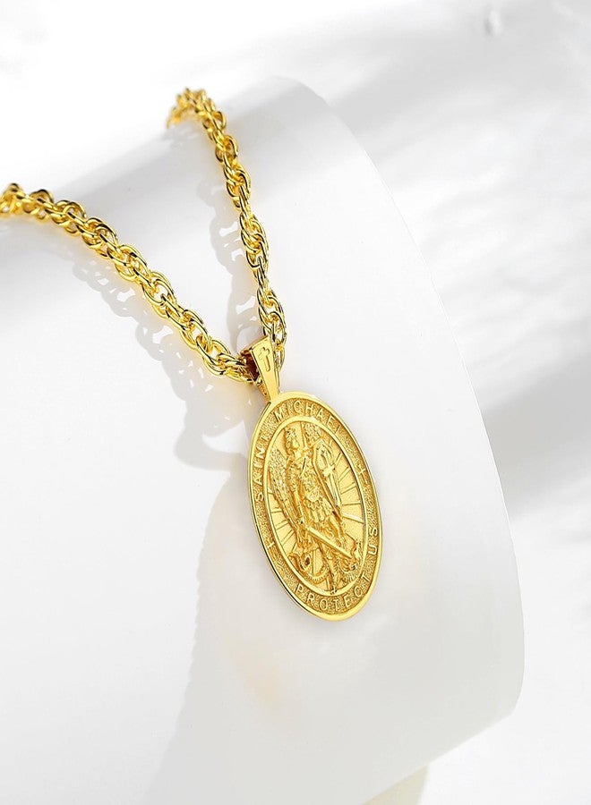 INFUSEU St Michael Pendant for Men Women Archangel Saint Michael Necklace Arch Angel Medal Gold San Miguel Arcangel Medalla Catholic Christian Jewelry Protection Spiritual Religious Gift - Image 2