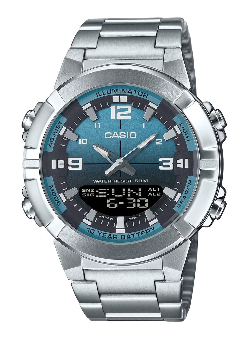 CASIO ساعة يد رجالية أنالوج + ديجيتال بقرص أزرق من الفولاذ المقاوم للصدأ AMW-870DA-2A2V-44 مم - Image 1