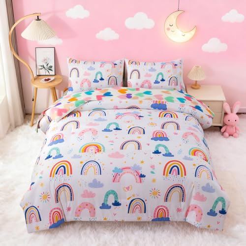 Btargot Lightweight Soft 3 Piece Rainbow Comforter Set with 2 Pillow Covers, Cartoon Leaves Flowers and Sun Star Bedding Set for Girls Boys Kids, Full White - Image 1