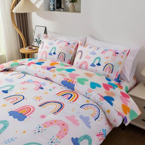 Btargot Lightweight Soft 3 Piece Rainbow Comforter Set with 2 Pillow Covers, Cartoon Leaves Flowers and Sun Star Bedding Set for Girls Boys Kids, Full White - Image 3