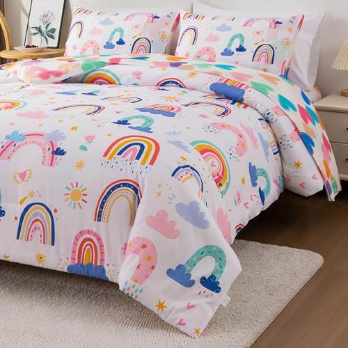 Btargot Lightweight Soft 3 Piece Rainbow Comforter Set with 2 Pillow Covers, Cartoon Leaves Flowers and Sun Star Bedding Set for Girls Boys Kids, Full White - Image 4