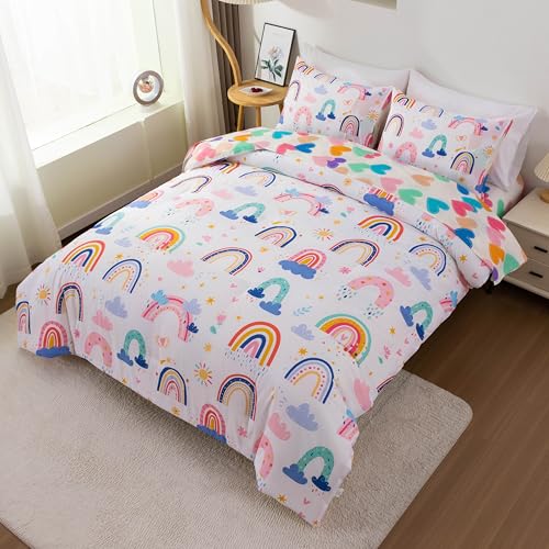 Btargot Lightweight Soft 3 Piece Rainbow Comforter Set with 2 Pillow Covers, Cartoon Leaves Flowers and Sun Star Bedding Set for Girls Boys Kids, Full White - Image 2