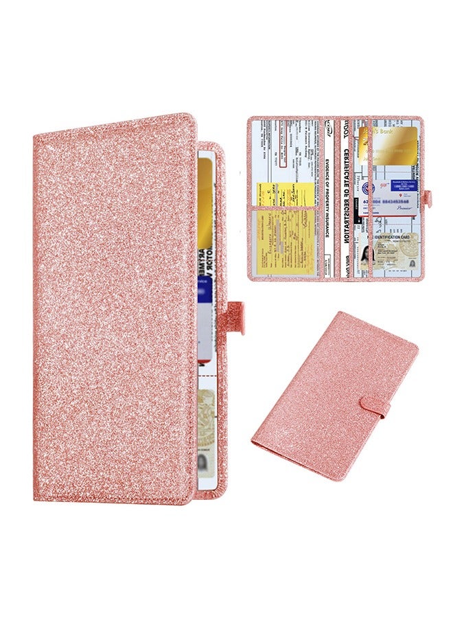 Bukela Car Registration & Insurance Card Holder Leather Auto Glove Box Organizer Document Wallet with Magnetic Shut ( Glitter Rose ) - Image 1