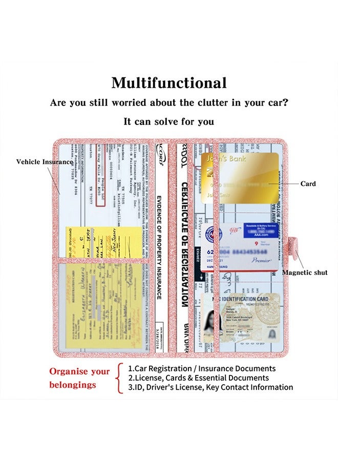 Bukela Car Registration & Insurance Card Holder Leather Auto Glove Box Organizer Document Wallet with Magnetic Shut ( Glitter Rose ) - Image 3