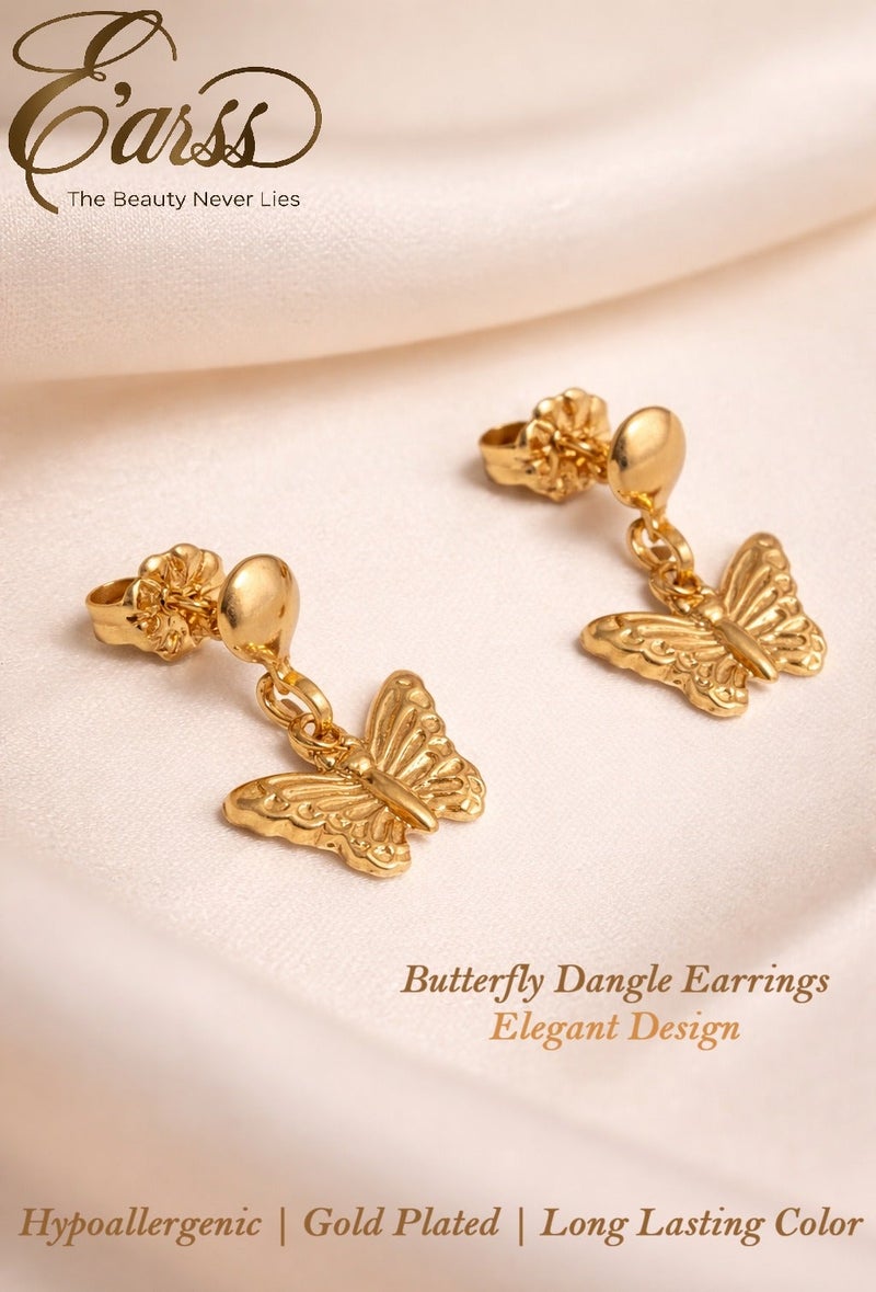 Earss Butterfly Drop Earrings for Women & Girls – Gold Plated Stainless Steel Dangle Earrings with Push Back Lock – Minimalist Cute Butterfly Jewelry - Image 2