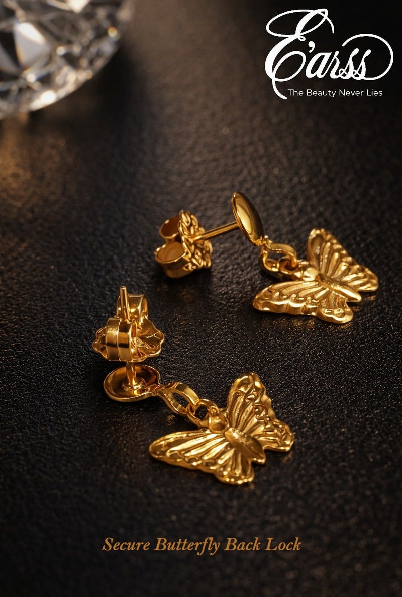 Earss Butterfly Drop Earrings for Women & Girls – Gold Plated Stainless Steel Dangle Earrings with Push Back Lock – Minimalist Cute Butterfly Jewelry - Image 3