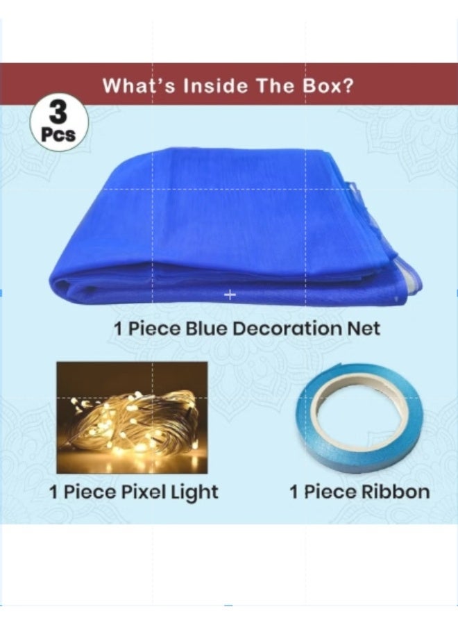 1iAM Blue Net Light Combo Pack 1pc 5x15m 164x5ft Transparent Blue Cabana Decoration Net Backdrop 1pc 34ft 38 Bulbs Including Rice Light for Birthday Anniversary Haldi Mehndi Wedding - Image 1