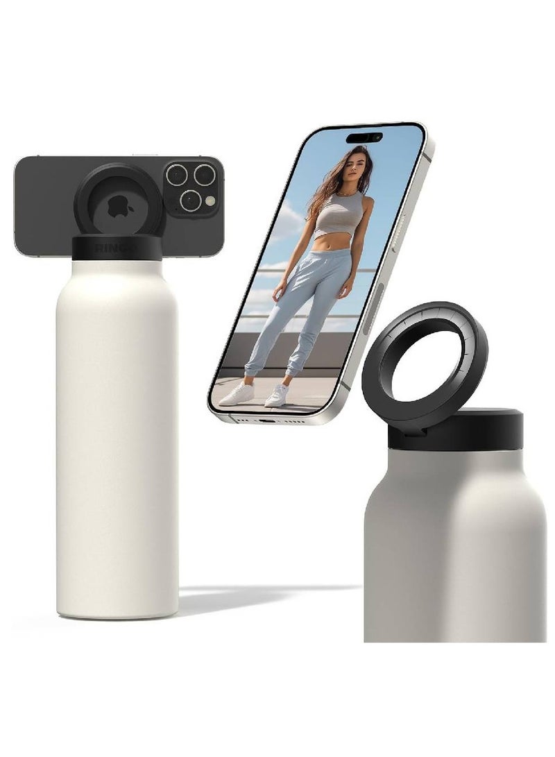 LIXES Insulated Water Bottle with MagSafe | 24oz Stainless Steel Water Bottle with Magnetic Phone Tripod Mount - Keeps Hot 12H, Cold 24H - White - Image 1