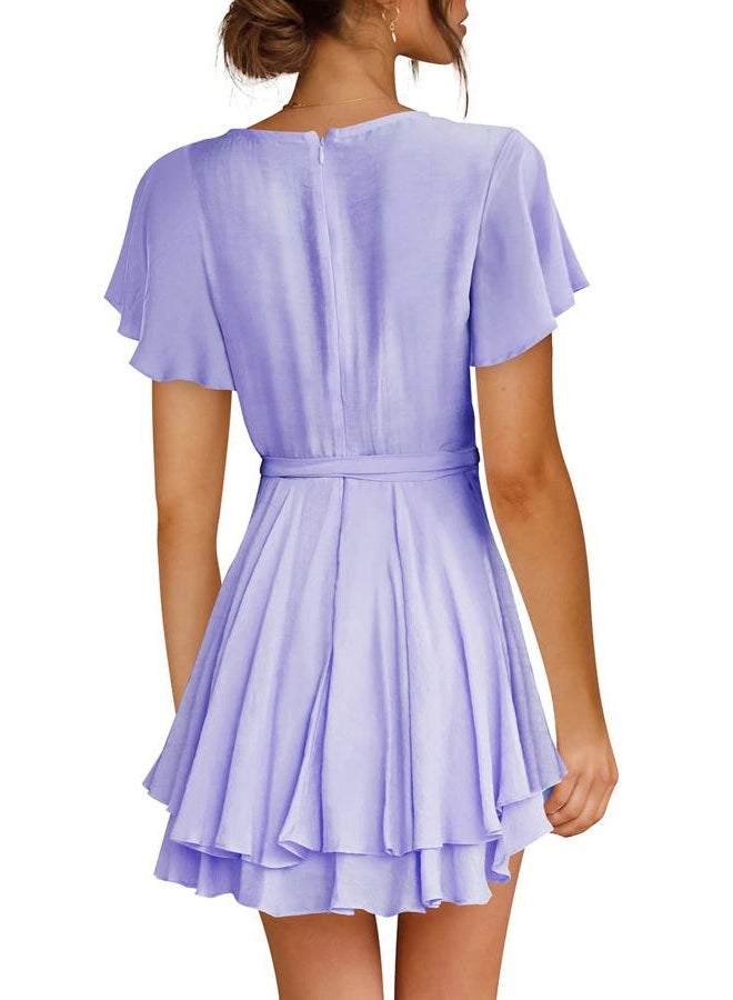 Cosonsen Womens Summer Dress Deep V-Neck Tie Waist Casual Mini Dress Light Purple M - Image 3