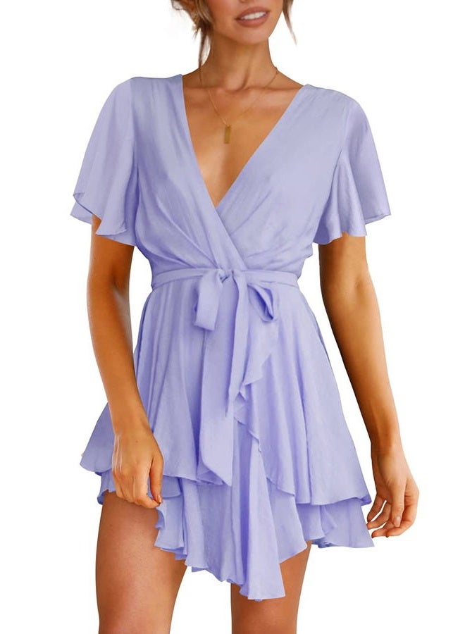 Cosonsen Womens Summer Dress Deep V-Neck Tie Waist Casual Mini Dress Light Purple M - Image 1