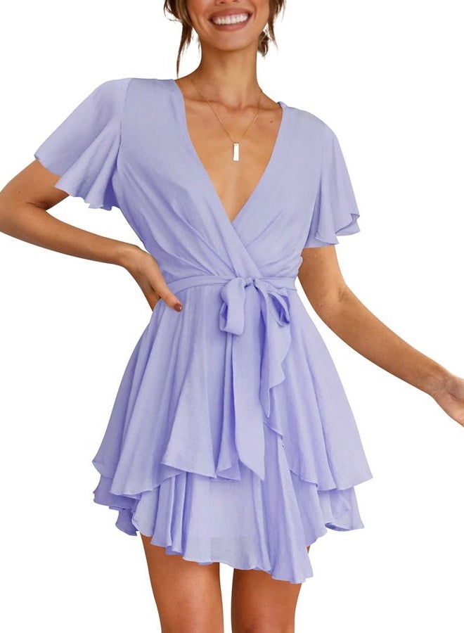 Cosonsen Womens Summer Dress Deep V-Neck Tie Waist Casual Mini Dress Light Purple M - Image 5