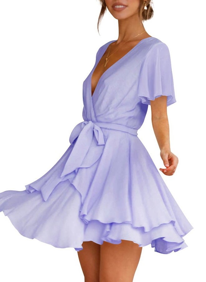 Cosonsen Womens Summer Dress Deep V-Neck Tie Waist Casual Mini Dress Light Purple M - Image 2