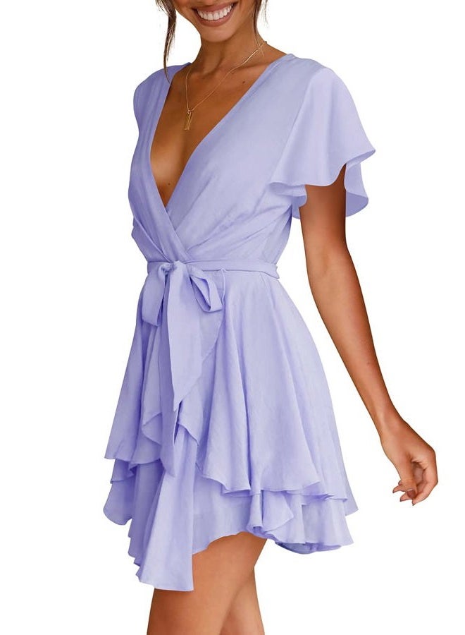 Cosonsen Womens Summer Dress Deep V-Neck Tie Waist Casual Mini Dress Light Purple M - Image 4