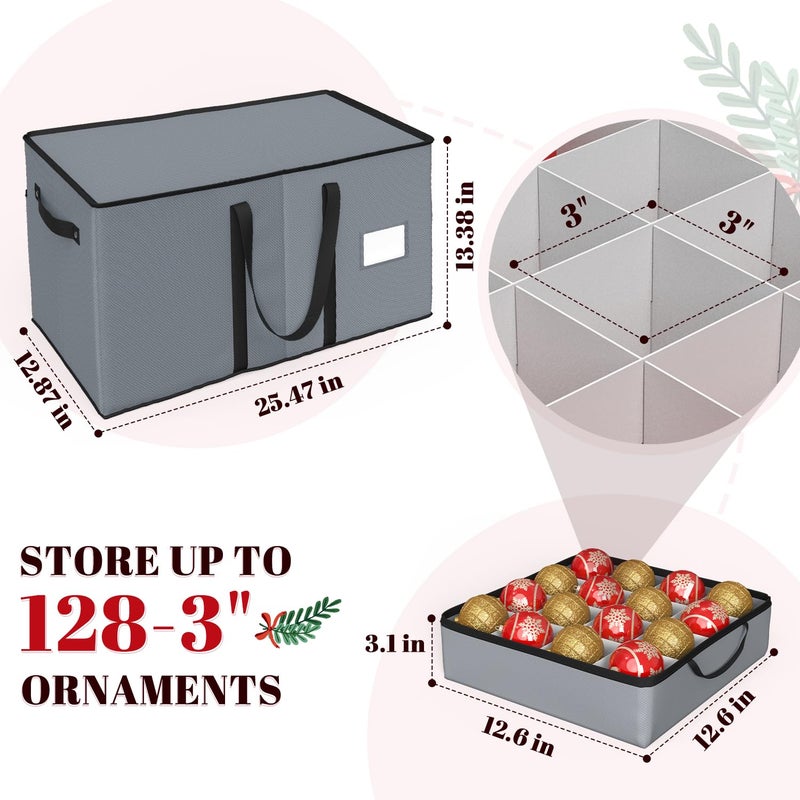 Keten Christmas Ornament Storage Boxes with 8 Individual Trays, Fits 128 Holiday Ornaments 3-Inch, Christmas Ball Accessories Container with 48 Dividers, Dual Zippered Closure, 600D Oxford (Grey) - Image 3