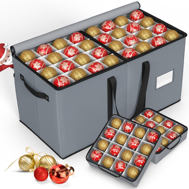 Keten Christmas Ornament Storage Boxes with 8 Individual Trays, Fits 128 Holiday Ornaments 3-Inch, Christmas Ball Accessories Container with 48 Dividers, Dual Zippered Closure, 600D Oxford (Grey) - Image 1