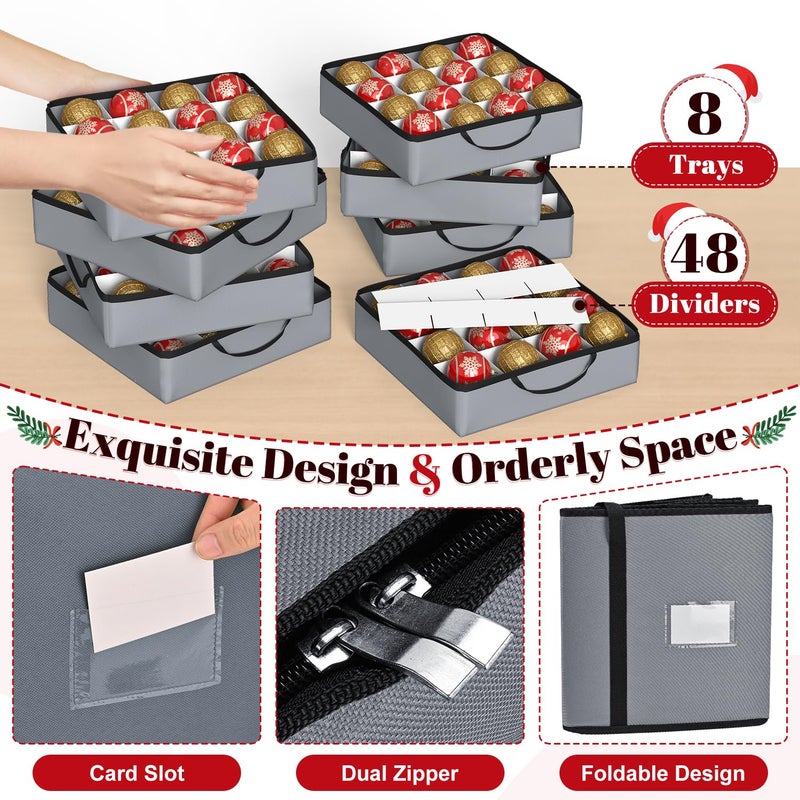 Keten Christmas Ornament Storage Boxes with 8 Individual Trays, Fits 128 Holiday Ornaments 3-Inch, Christmas Ball Accessories Container with 48 Dividers, Dual Zippered Closure, 600D Oxford (Grey) - Image 2