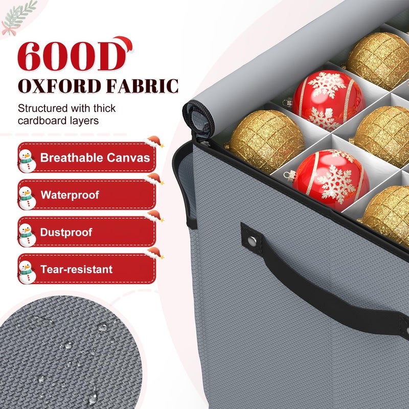 Keten Christmas Ornament Storage Boxes with 8 Individual Trays, Fits 128 Holiday Ornaments 3-Inch, Christmas Ball Accessories Container with 48 Dividers, Dual Zippered Closure, 600D Oxford (Grey) - Image 5