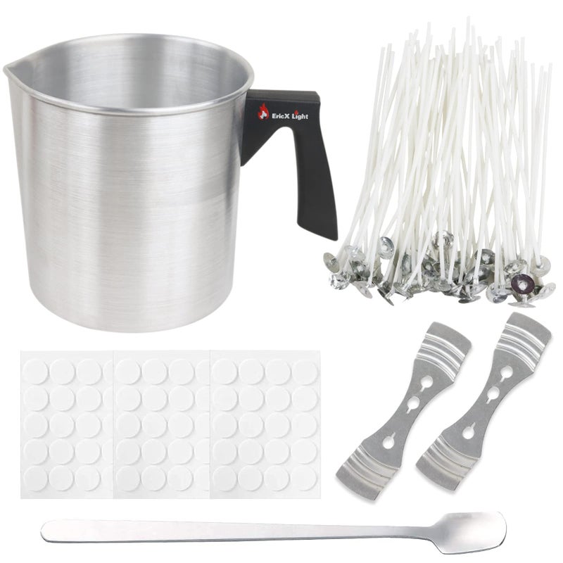 EricX Light Candle Making Kit 60pcs Candle Wicks 60pcs Candle Wicks Sticker 1pc Candle Wax Pouring Pot 2pcs 3Hole Wicks Centering Devices 1pc Mixing Spoon DIY Candles Craft Tools